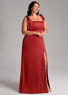 Azazie Frostine Bridesmaid Dresses Pomegranate A-Line Bow Stretch Satin Dress image11
