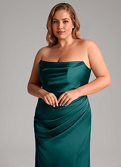 Azazie Leonis Vestidos de damas de honor Vestido de Pavo Real de Satén Elástico de Corte Sirena Convertible con Plisado image10