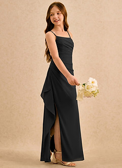 Azazie Cannoli Girls Formal Robe Demoiselle D'honneur Fillette Robe Trapèze en Mousseline de soie Plissée Noir image4