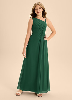 Azazie Brooke Junior Vestido de Verde Oscuro de Gasa de Corte En A con Corte Lateral image4