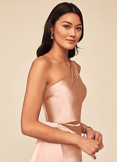 Azazie Maron Bridesmaid Dresses Rose Gold A-Line One Shoulder Stretch Satin Dress image5