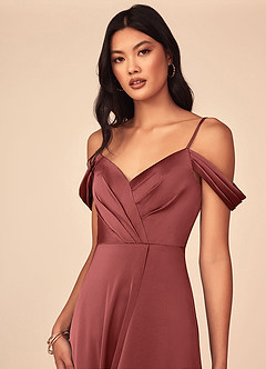 Azazie Ocean Bridesmaid Dresses Terracotta A-Line V-Neck Pleated Stretch Satin Dress image2