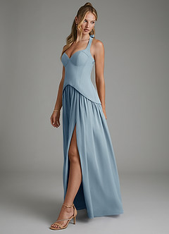Azazie Michelle Bridesmaid Dresses Dusty Blue A-Line Corset Chiffon Dress image3