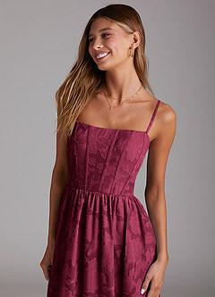 Azazie Delphina Bridesmaid Dresses Burgundy A-Line Strapless Floral Burnout Convertible Dress image2
