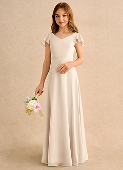 Azazie Nari Girls Formal Vestidos de florista Vestido Alabastro Branco de Chiffon de Linha A com com Mangas image4