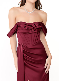 Azazie Amyra At-home Try On Dresses Burgundy Mermaid Off the Shoulder Stretch Satin Convertible Dress image7