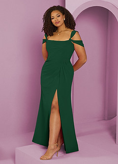 Barbie ♥ Azazie Robes de demoiselle d'honneur Robe Trapèze en Mousseline de soie Épaule décolletée Vert Foncé image1