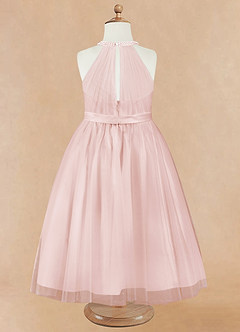 Azazie Honey Robe Demoiselle D'honneur Fillette Robe Trapèze en Mat Satiné Perlé Rose Pâle image8