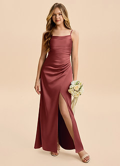 Azazie Minnie Junior Terracotta Sheath Ruched Stretch Satin Dress image4