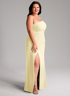 Azazie Eren Vestidos de damas de honor Vestido de Sorbete De Limón de Gasa de Corte Recto con Hombro unilateral image12