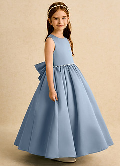 Azazie Daisies Robe Demoiselle D'honneur Fillette Robe Princesse en Mat Satiné Arc Bleu Poussiéreux image3