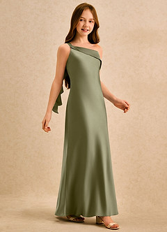 Azazie Almond Girls Formal Jurken voor bloemenmeisjes Kolom Jurk van Stretch Satijn One-shoulder Pistache image5