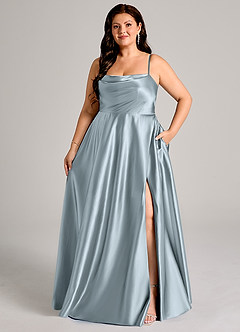 Azazie Elle Bridesmaid Dresses Dusty Blue A-Line with Pockets Metallic Satin Dress image7
