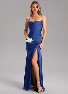 Azazie Grata Bridesmaid Dresses Royal Blue Sheath Side Slit Stretch Satin Dress image1