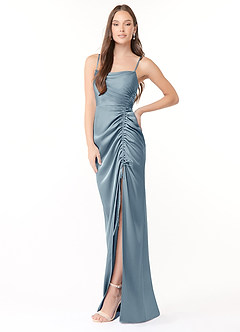 Azazie Dinae Final Sale Dusty Blue Sheath Side Slit Stretch Satin Dress image3