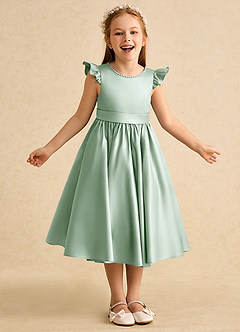 Azazie Dumpling vestidos de niña de las flores Vestido de Agave de Satin Mate de Corte En A con Lazo image2