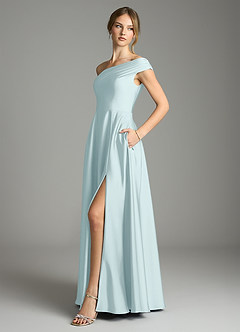 Azazie Melanie 신부 들러리 드레스 A라인 오프 더 숄더 스트레치 새틴 바닥 길이 드레스 image4