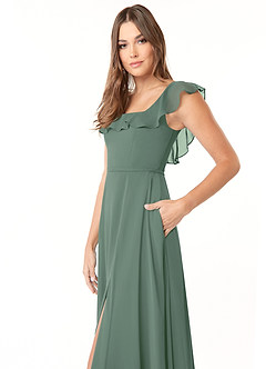 Azazie Jinny Brautjungfernkleider A-Linie Quadratischer Ausschnitt Gerüscht Chiffon Kleid Eukalyptus image5