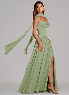 Azazie Stephanie Brautjungfernkleider A-Linie Plissee Stretch-Satin Kleid Staubiger Salbeigrün image3