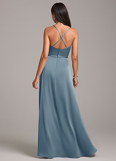 Azazie Naeem At-home Try On Dresses Dusty Blue A-Line Stretch Satin Dress image6