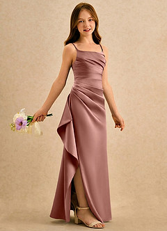Azazie Cannoli Girls Formal 플라워 걸 드레스 A라인 플리츠 매트 새틴 플로어 길이 드레스 image1