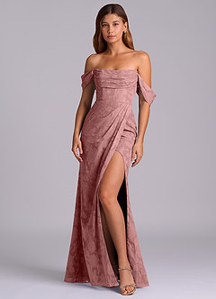 Azazie Johana Robes de demoiselle d'honneur Robe Sirène Convertible en Blumen-Burnout Épaules dénudées Rose Poussiéreuse image4