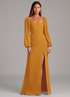 Azazie Brixley Bridesmaid Dresses Butterscotch Mermaid Long Sleeve Chiffon Dress image1