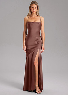 Azazie Grata Bridesmaid Dresses Espresso Sheath Side Slit Stretch Satin Dress image3