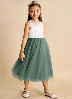 Azazie Lina Flower Girl Dresses Ivory Eucalyptus Ball-Gown Lace Dress image3