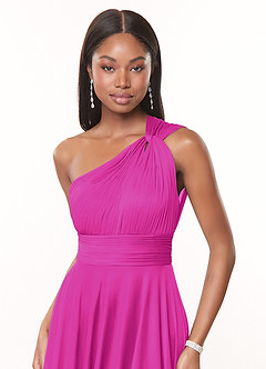 Azazie Charlize Vestidos de damas de honor Vestido de Fucsia de Malla de Corte en A con Hombro unilateral image5
