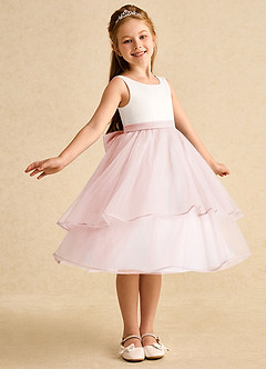 Azazie Rene Flower Girl Dresses Ivory Blushing Pink A-Line Bow Tulle Dress image1