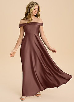 Azazie Sissy Junior Abito A-Line in Raso Elasticizzato a Spalla Scoperta Espresso image5