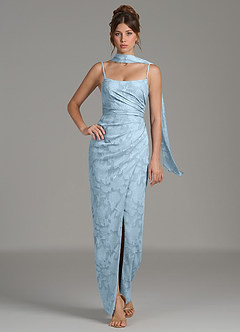 Azazie Calandra Bridesmaid Dresses Sky Blue Sheath Pleated Floral Burnout Dress image1