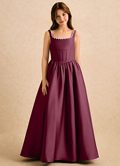 Azazie Enid Girls Formal Flower Girl Dresses Mulberry A-Line Beaded Stretch Satin Dress image5