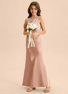 Azazie Madelyn Junior Osłona Zza ramienia Satyna elastyczna Długość podłogi Młodsza druhna Sukienka image5