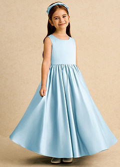 Azazie Nellia vestidos de niña de las flores Vestido de Azul Cielo de Satin Mate de Corte En A con Lazo image4