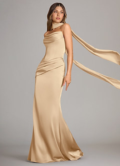 Azazie Sorrel Bridesmaid Dresses Champagne Mermaid Strapless Stretch Satin Convertible Dress image4