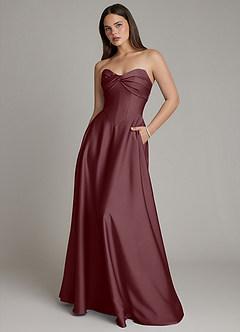 Azazie Meleena Bridesmaid Dresses Sangria A-Line Strapless Stretch Satin Dress image1