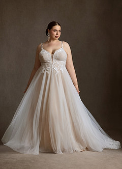 Azazie Devi Robes de mariée Robe Trapèze en Tulle Col V Dentelle Diamant Nude image9