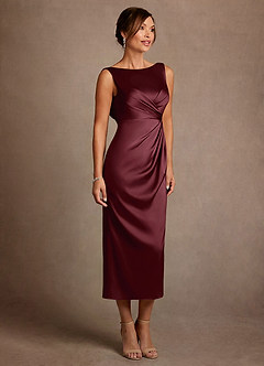 Azazie Mazhe Mother of the Bride Dresses Cabernet A-Line Pleated Stretch Satin Dress image4