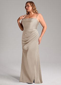 Azazie Leonis Robes de demoiselle d'honneur Robe Sirène Convertible en Satin extensible Plissée Givre image13