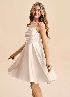 Azazie Miko Junior White Alabaster A-Line Pleated Stretch Satin Dress image7