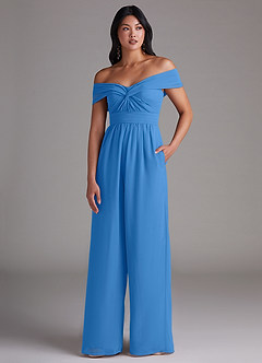 Azazie Lamara Robes de demoiselle d'honneur Combinaison Convertible en Mousseline de soie Épaule décolletée Geai Bleu image1