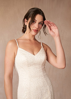 Azazie Eris Vestidos de novia Vestido de Blanco Diamante Alabastro Blanco de Cuentas de Corte Sirena con Cuello en V image9