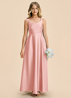 Azazie Azaria Junior Powder Pink A-Line Pleated Stretch Satin Dress image3