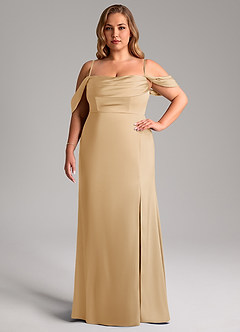 Azazie Saige Jurken voor bruidsmeisjes Jurk van Stretch Satijn met Kolom Off the Shoulder Goud image15