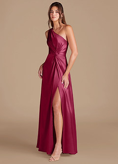 Azazie Brooke Bridesmaid Dresses Burgundy A-Line One Shoulder Metallic Satin Dress image4