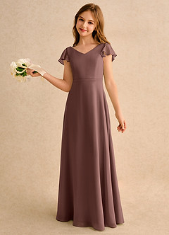 Azazie Nari Girls Formal Flower Girl Dresses Espresso A-Line with Sleeves Chiffon Dress image1