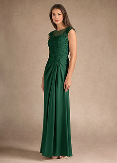 Azazie Santa Barbara Mother of the Bride Dresses Dark Green Sheath Pleated Stretch Satin Dress image6