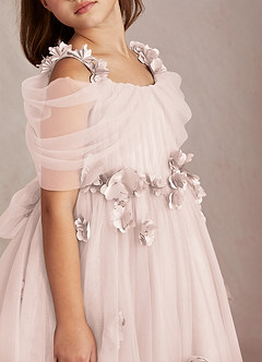 Azazie Shaylee Robe Demoiselle D'honneur Fillette Robe Trapèze en Tulle Épaule décolletée Rose Pétale image2